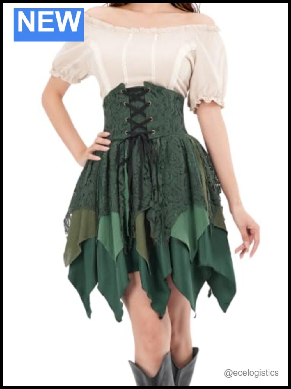 Multi-Layered Fairy Patchwork Skirt with Lace-Up Waistband, Medieval